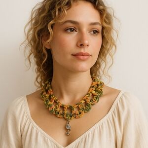 Handmade Boho Crochet Statement Necklace Removable Pendant Upcycled 2-in-1 pin